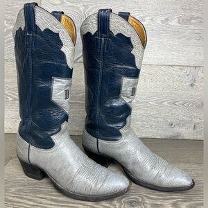 Vintage Navy Blue Gray Embroidered Real Leather Western Cowboy Boots - Size 9B